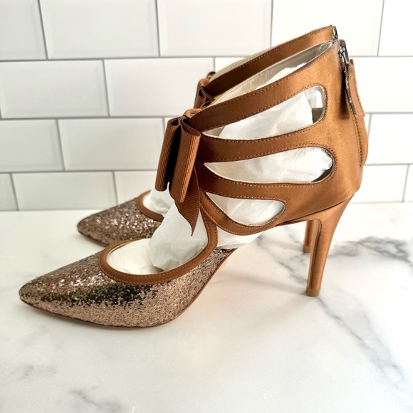 NWOT Boden Glitzy Bronze Satin Party Heels - Picture 6 of 9
